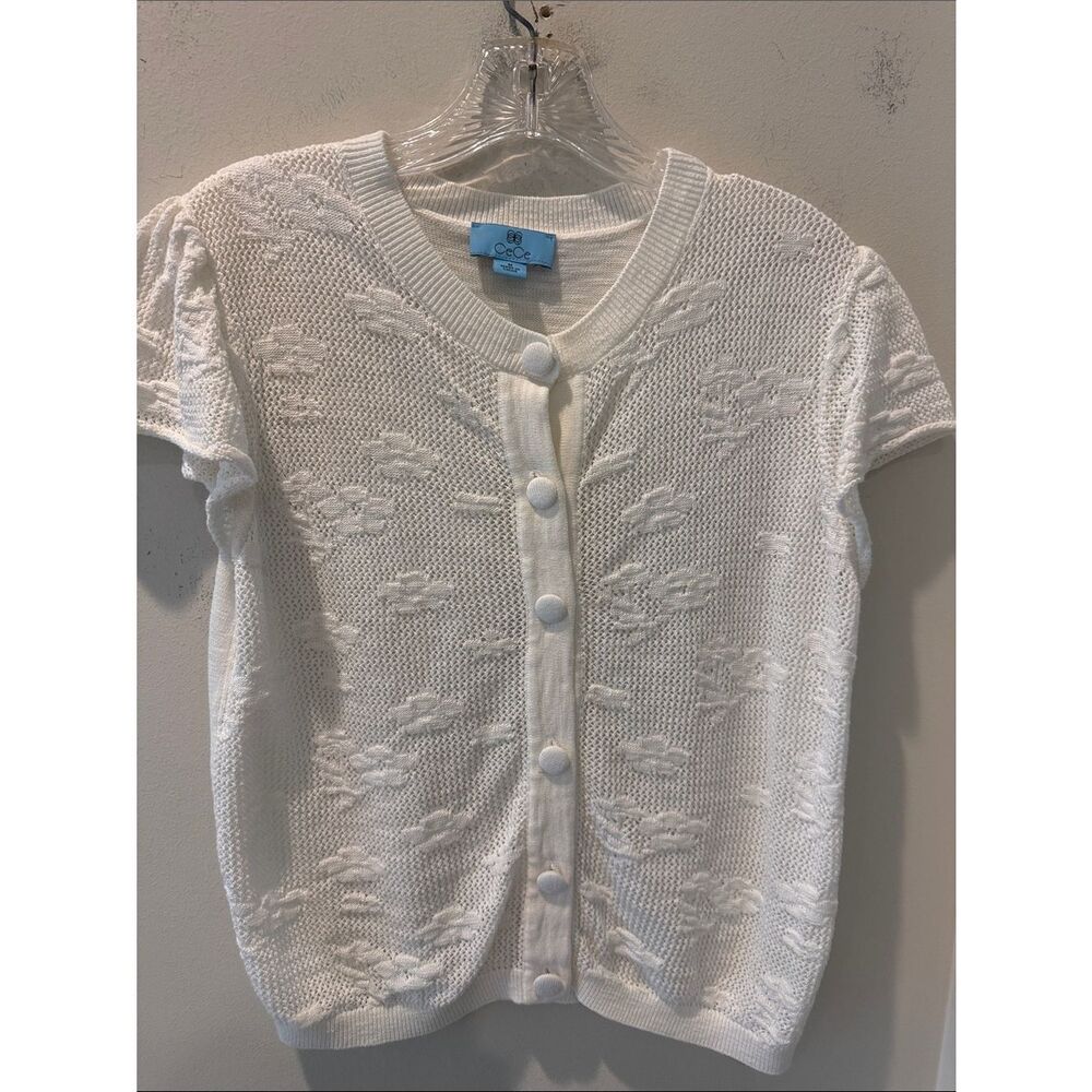 Cece Short sleeve Cotton Ivory knit cardigan floral- textured size medium